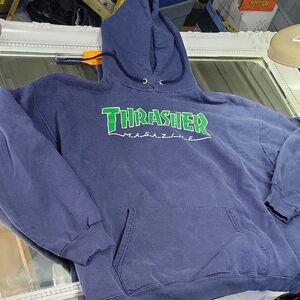 Mens L Thrasher Navy Blue Hoodie with Green Logo